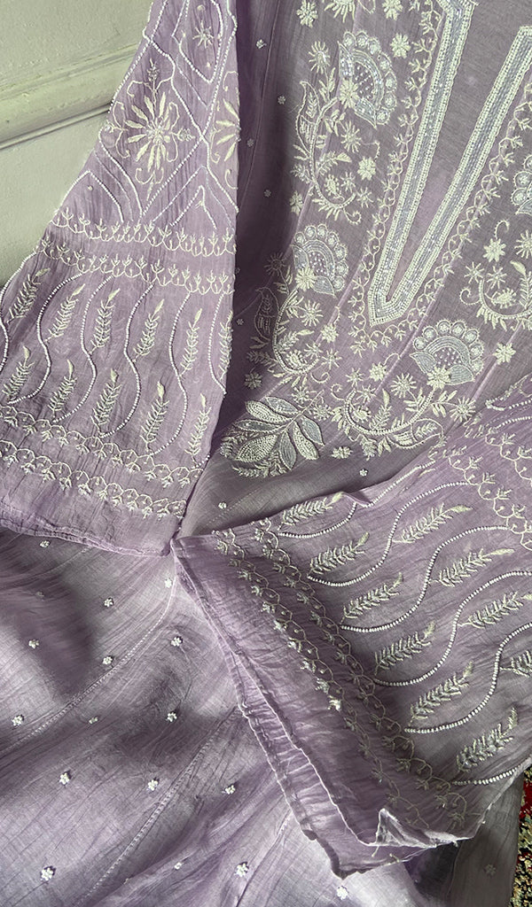 Women's Lakhnavi Handcrafted Mul Chanderi Semi - Stitched Anarkali And Dupatta Set - HONC0374948