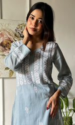 Load image into Gallery viewer, Women&#39;s Lakhnavi Handcrafted Kota Cotton Chikankari Kurti - HONC0306079

