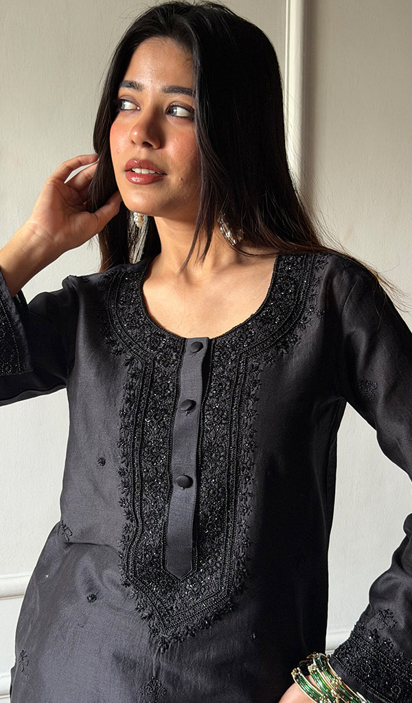 Ishita  Women's Lucknowi Handcrafted Chanderi Silk Chikankari Kurti - HONC0350675