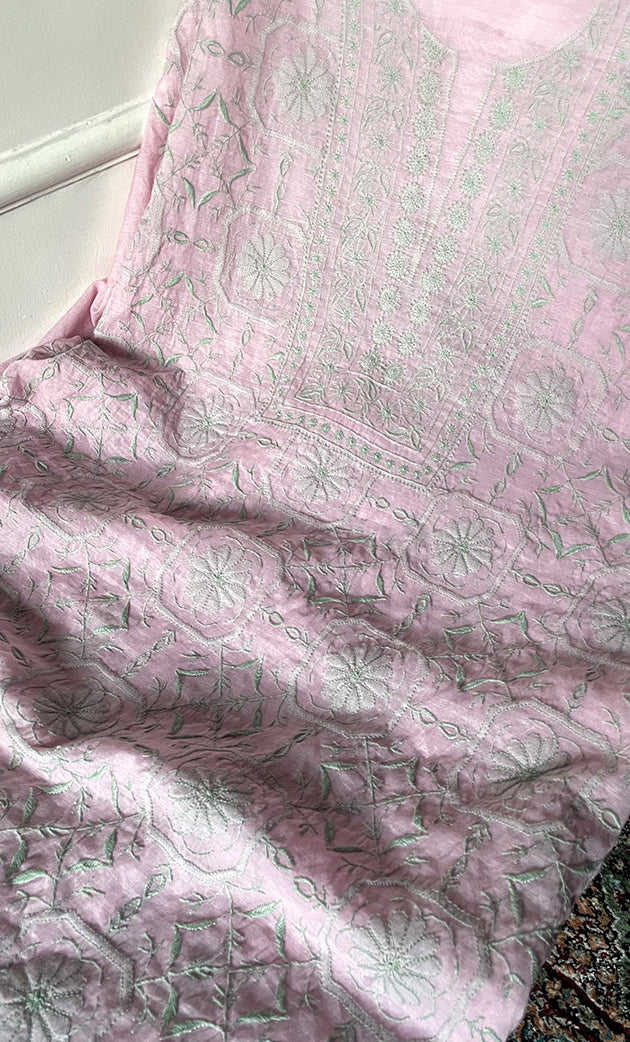 Women's Lakhnavi Handcrafted Mul Chanderi Unstitched Chikankari Full Suit Material - HONC0319506