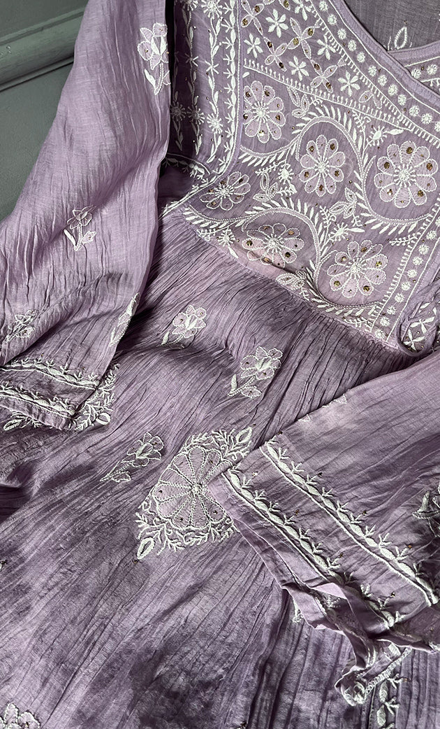 Women's Lakhnavi Handcrafted Mul Chanderi Semi - Stitched Angrakha And Dupatta Set - HONC0284712