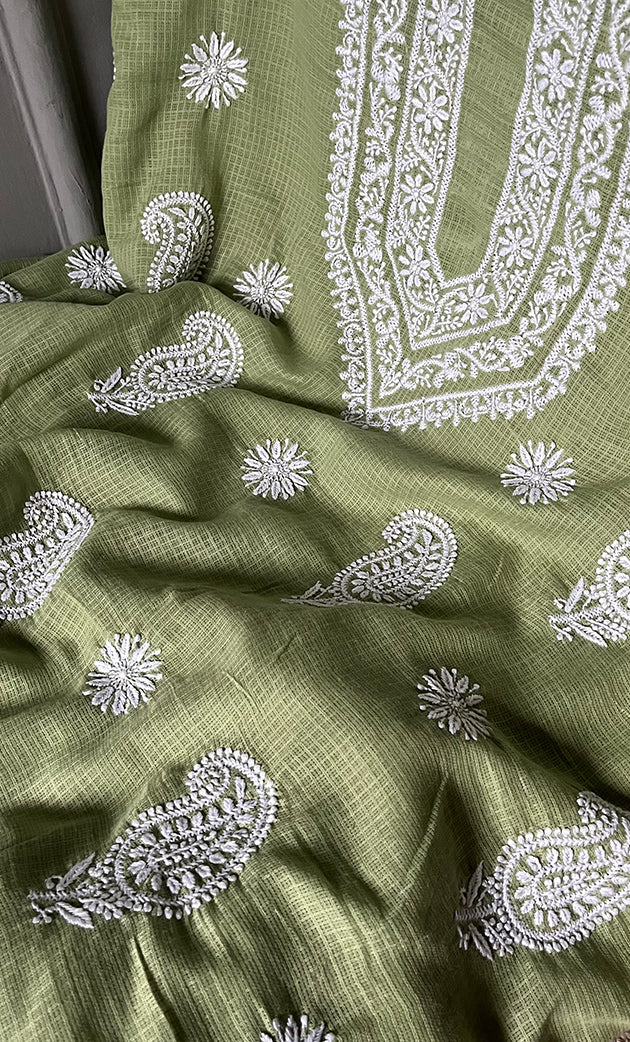 Women's Lucknowi Handcrafted Kota Cotton Chikankari Unstitched Kurta And Dupatta Set - HONC0312652