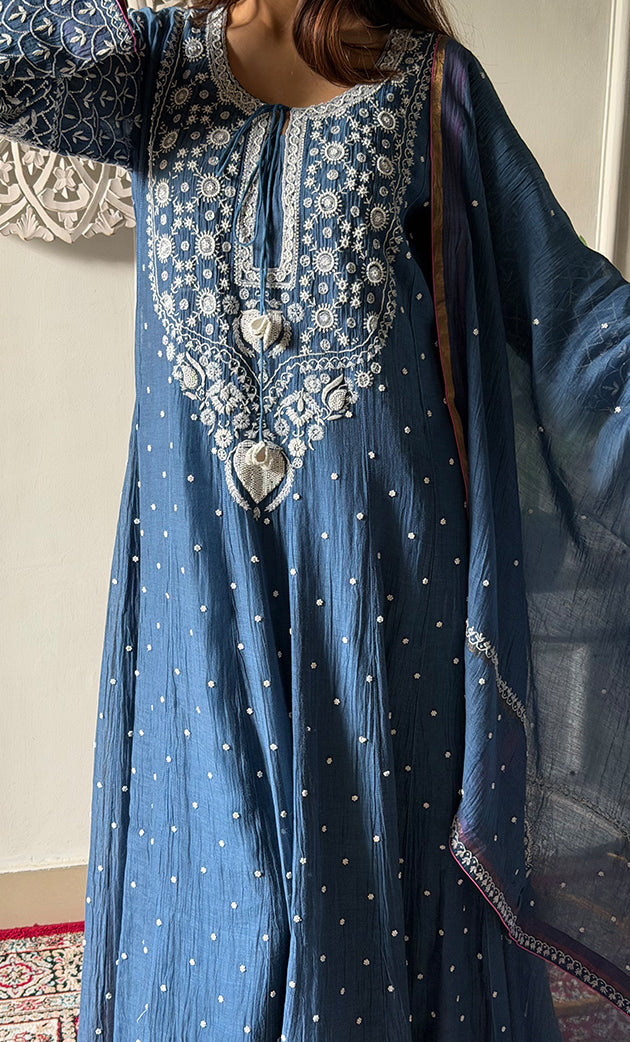 Women's Lakhnavi Handcrafted Mul Chanderi Chikankari Stitched Anarkali, Dupatta And Pant Set - HONC0328257