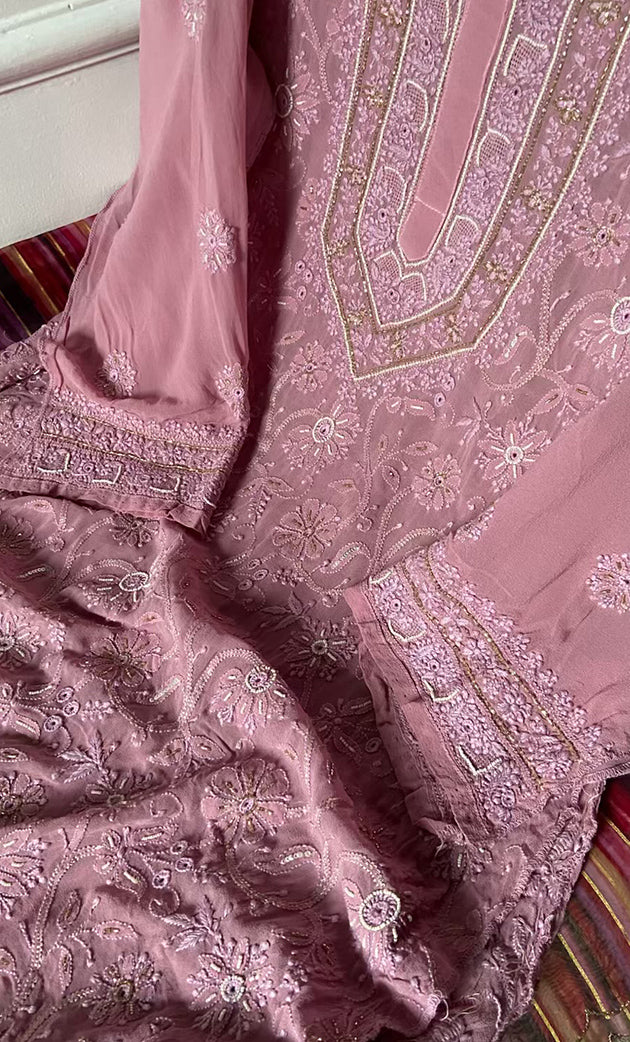 Women's Lakhnavi Handcrafted Pure Silk Georgette Semi - Stitched Chikankari Kurta And Dupatta Set - HONC0302216