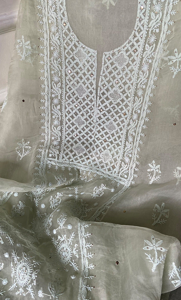 Women's Lakhnavi Handcrafted Pure Organza Chikankari Unstitched Kurta And Dupatta Set- HONC0266928
