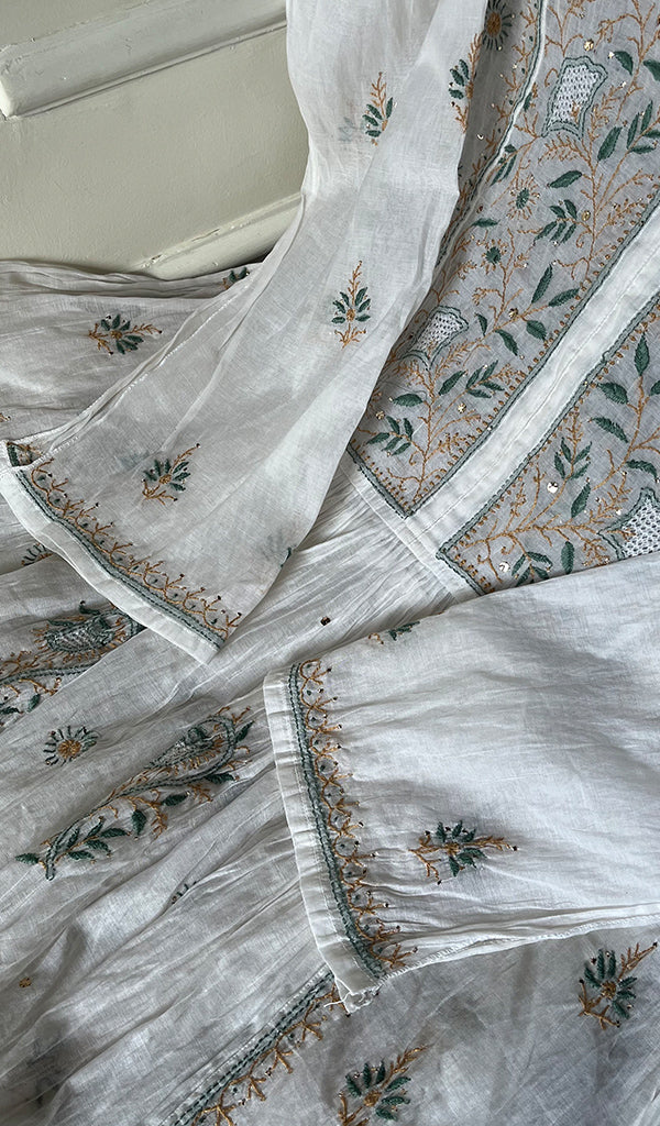 Women's Lakhnavi Handcrafted Mul Chanderi Semi - Stitched Kurta And Dupatta Set - HONC0266952