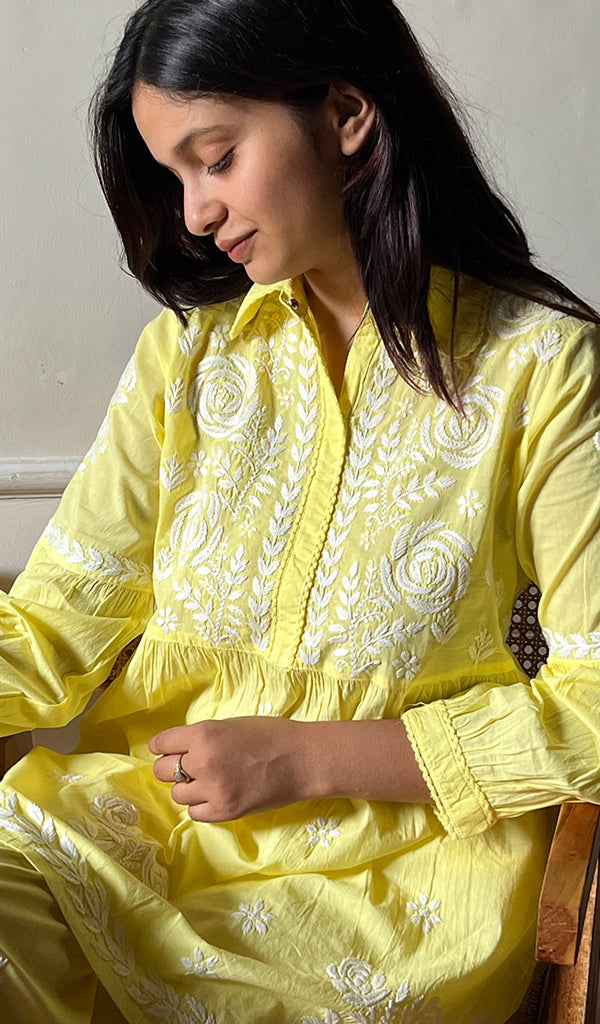 Women's Lakhnavi Handcrafted Cotton Chikankari Kurta And Palazzo Set - HONC0290429