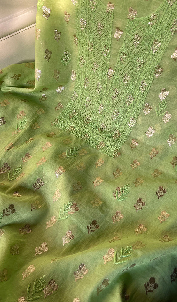 Women's Lucknowi Handcrafted Chanderi Silk Chikankari Full Suit Material - HONC0168024