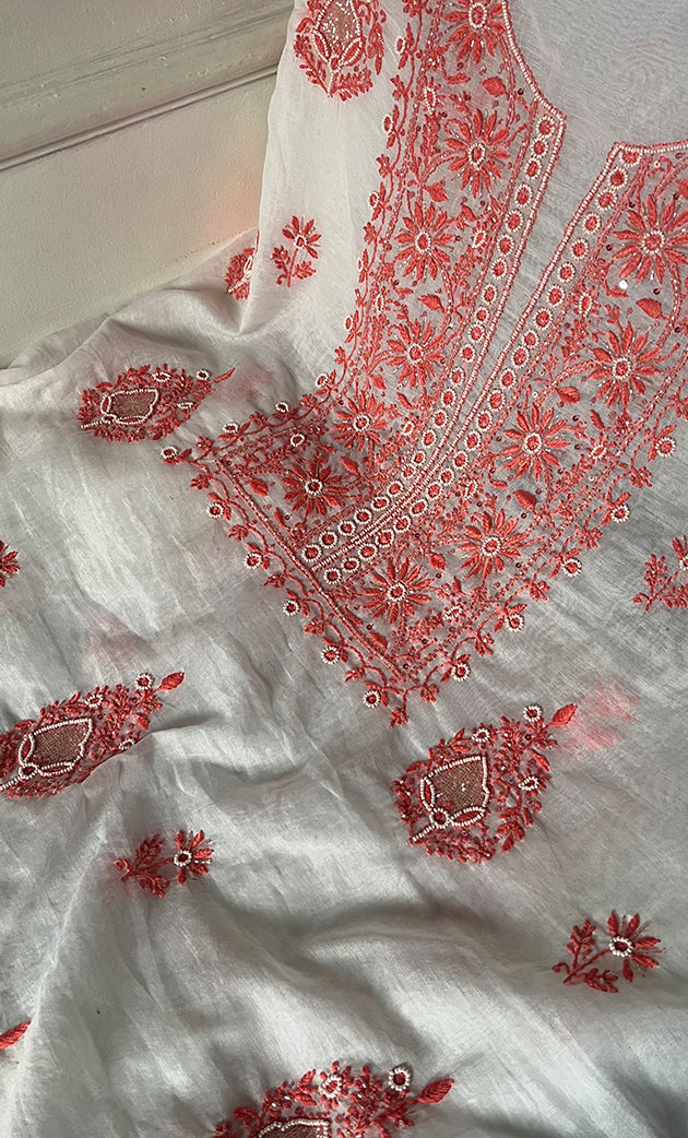 Women's Lakhnavi Handcrafted Mul Chanderi Unstitched Kurta And Dupatta Set- HONC0321880