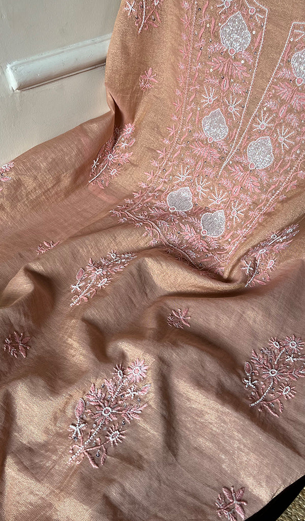 Women's Lakhnavi Handcrafted Tissue Chanderi Chikankari Suit Material - HONC0275987