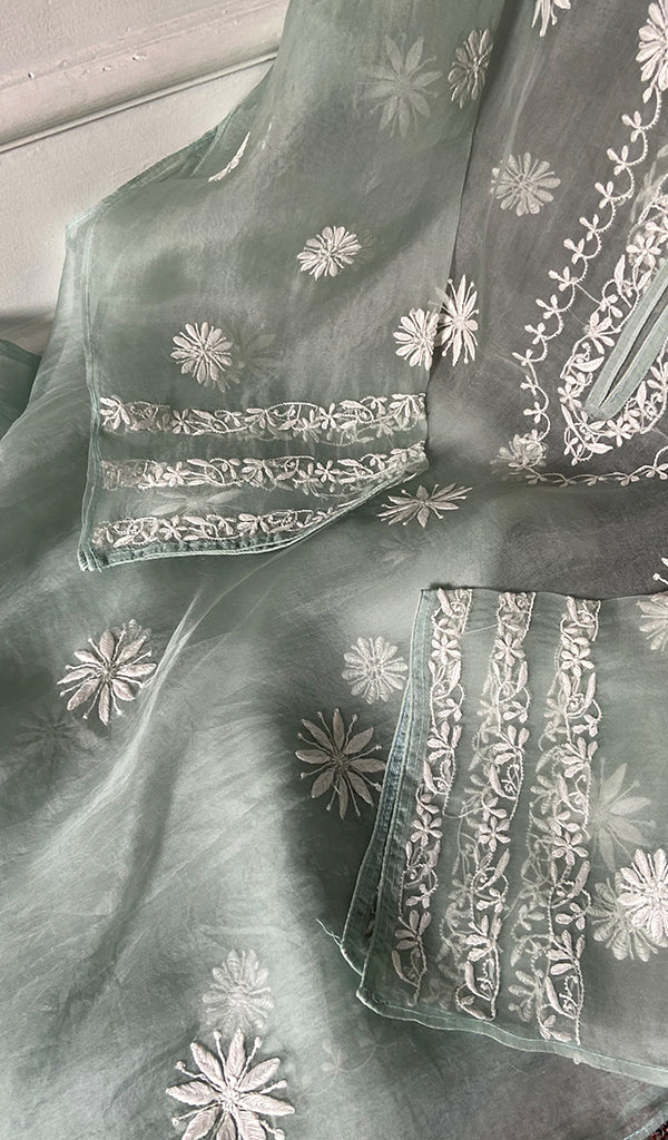 Mayuri Women's Lakhnavi Handcrafted Pure Organza Silk Chikankari Semi - stitched Full Suit Material - HONC0348612