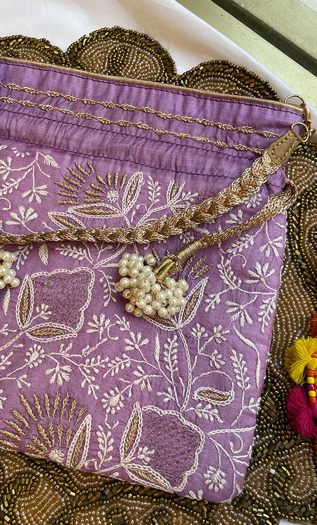 Green Chikankari Embroidered Potli Bag with White Bead Tassels - HONC0317200