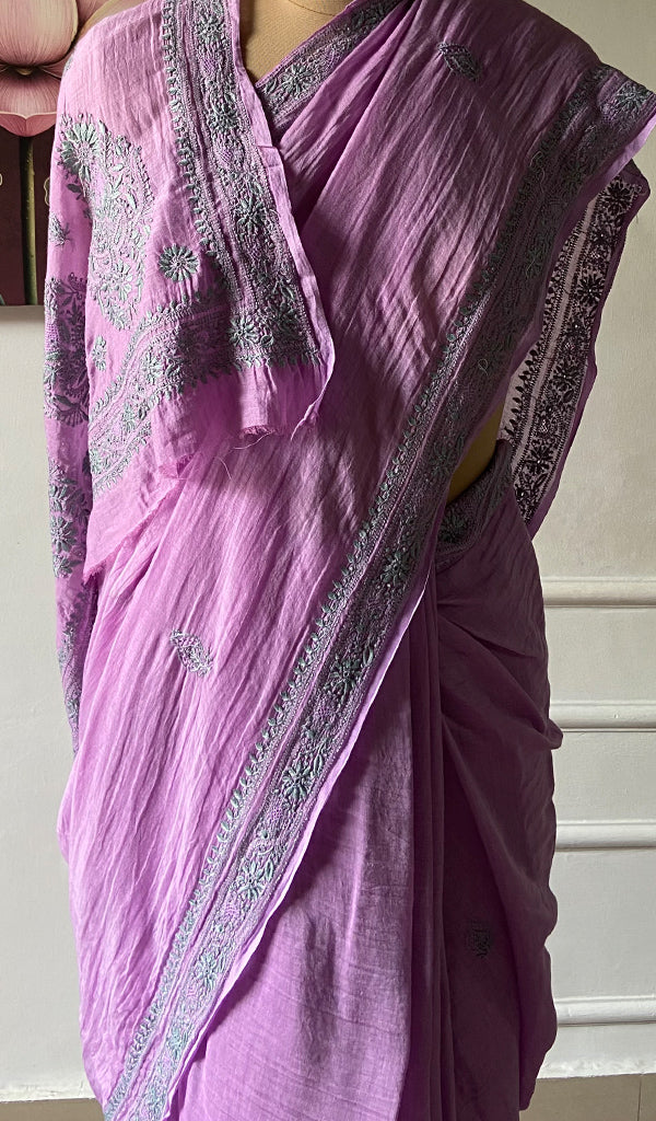 Women's Lakhnavi Handcrafted Mul Chanderi Chikankari Saree - HONC0312049