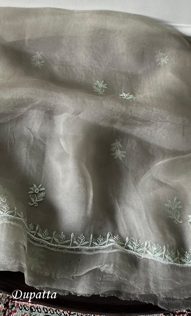 Women's Lakhnavi Handcrafted Pure Organza Chikankari Unstitched Kurta And Dupatta Set- HONC0311242