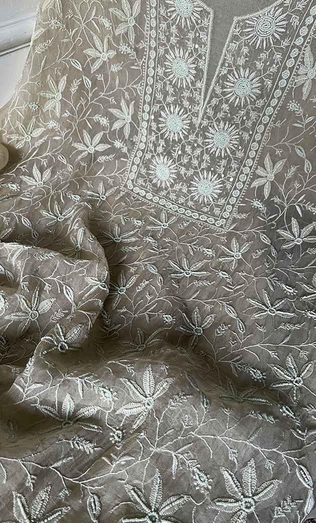 Women's Lakhnavi Handcrafted Pure Organza Chikankari Unstitched Kurta And Dupatta Set- HONC0319969