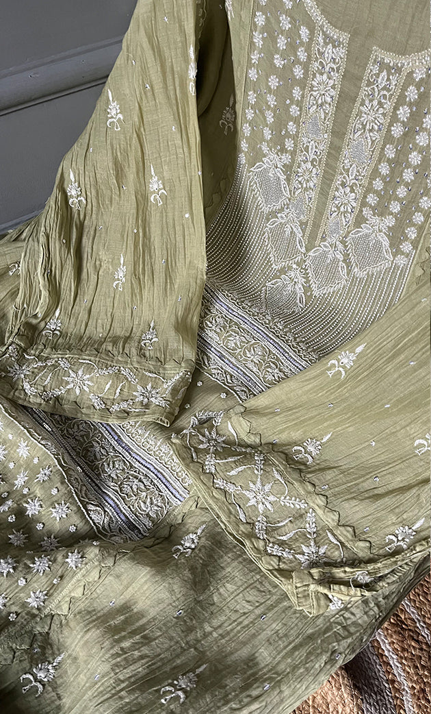Women's Lakhnavi Handcrafted Mul Chanderi Semi - Stitched Kurta And Dupatta Set - HONC0308148