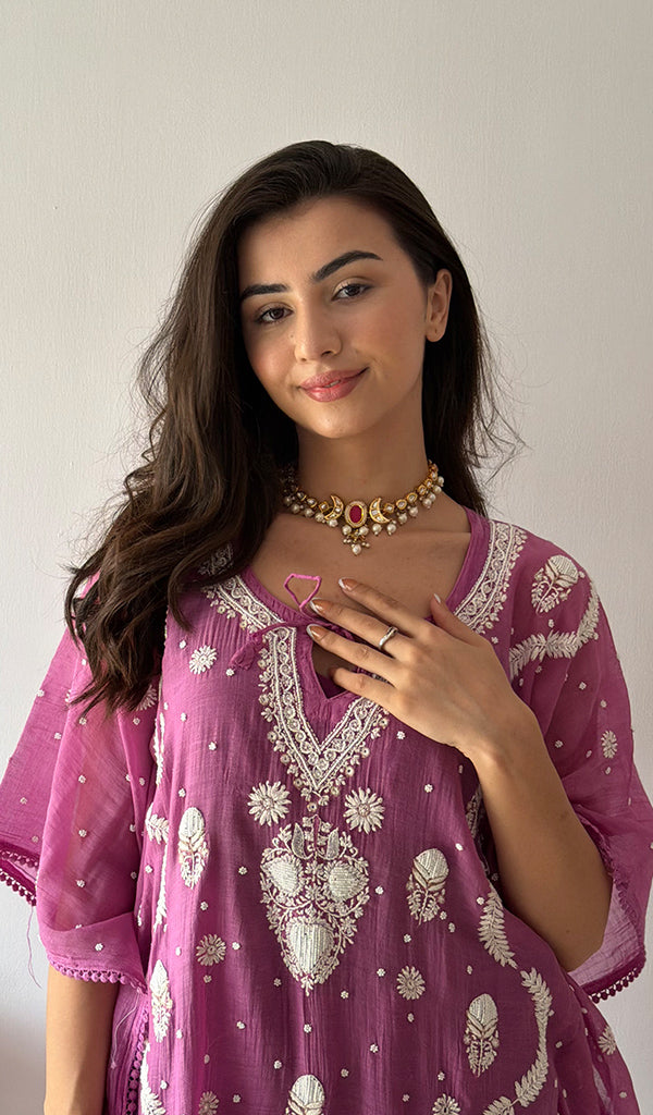 Women's Lucknowi Handcrafted Mul chanderi Chikankari Kaftan - HONC0334561