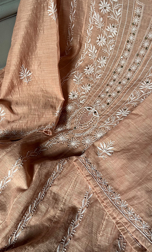 Women's Lakhnavi Handcrafted Linen Cotton Semi -Stitched Anarkali And Dupatta Set - HONC0273160
