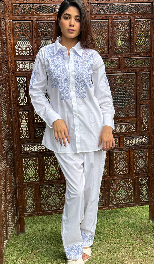 Shama Women's Lakhnavi Handcrafted Cotton Chikankari Top And Palazzo Set - HONC0267510