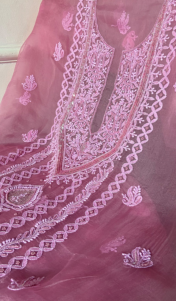 Women's Lakhnavi Handcrafted Pure Organza Chikankari Unstitched Kurta And Dupatta Set- HONC0324982