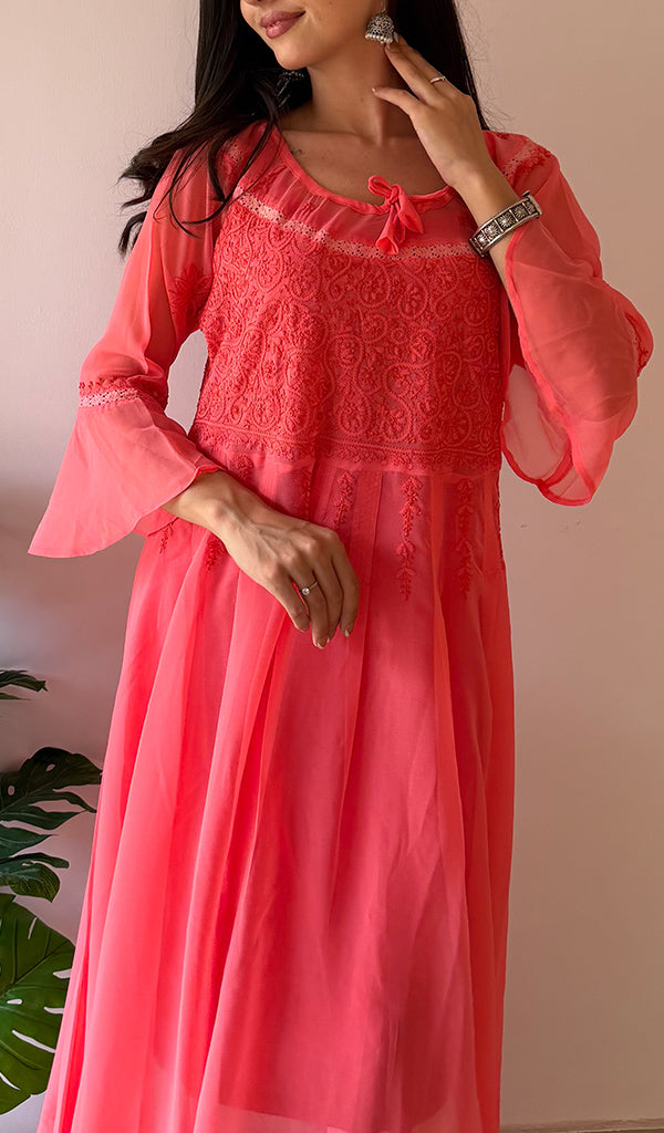 Aadab Women's Lucknowi Handcrafted Faux-Georgette Chikankari Anarkali Dress - NC038960