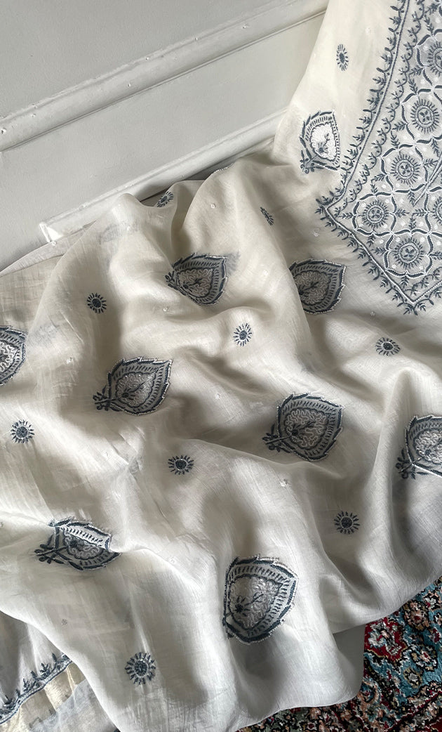 Women's Lakhnavi Handcrafted Unstitched Mul Chanderi Kurta And Dupatta Set - HONC03274830