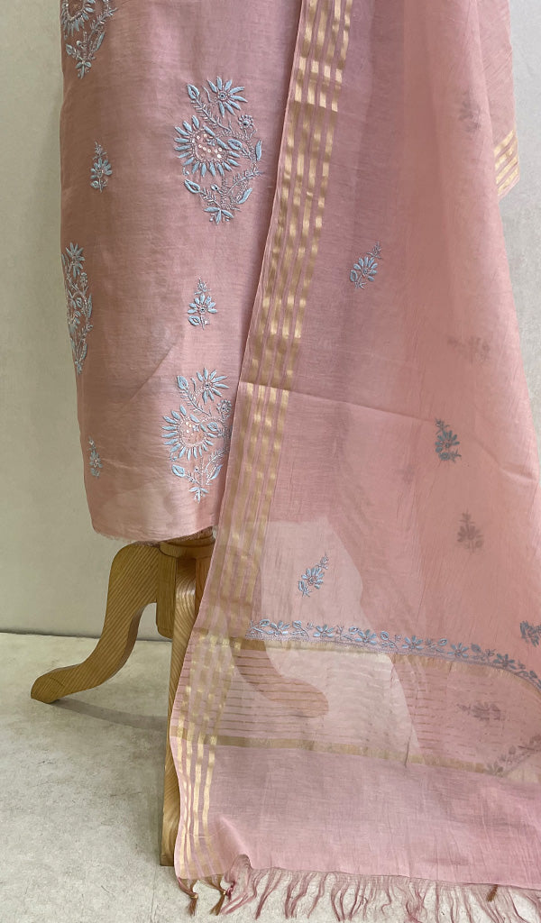 Women's Lakhnavi Handcrafted Chanderi Silk Chikankari Full Suit Material - HONC0126268
