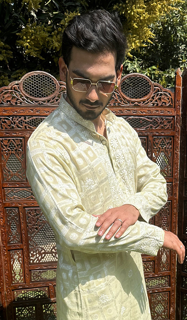 Men's Lucknowi Handcrafted Cotton Chikankari Kurta - HONC0335234