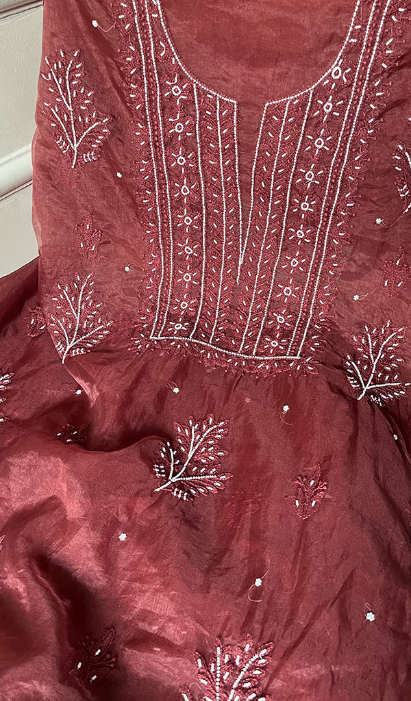 Women's Lakhnavi Handcrafted Organza Chikankari Unstitched Full Suit Material - HONC0271224