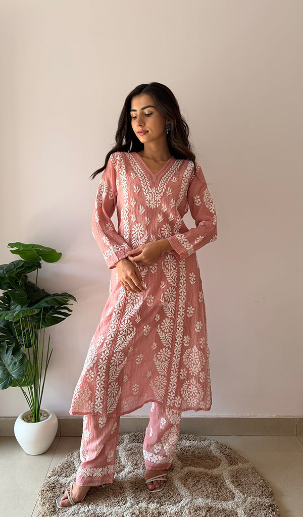 Women's Lucknowi Handcrafted Mul Chanderi Stitched Chikankari Kurta And Plazzo Set- HONC0378817