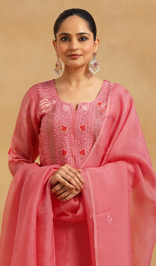 Women's Lucknowi Handcrafted Pure Organza Silk Stitched Chikankari Kurta, Dupatta With Pant Set- HONC0786058