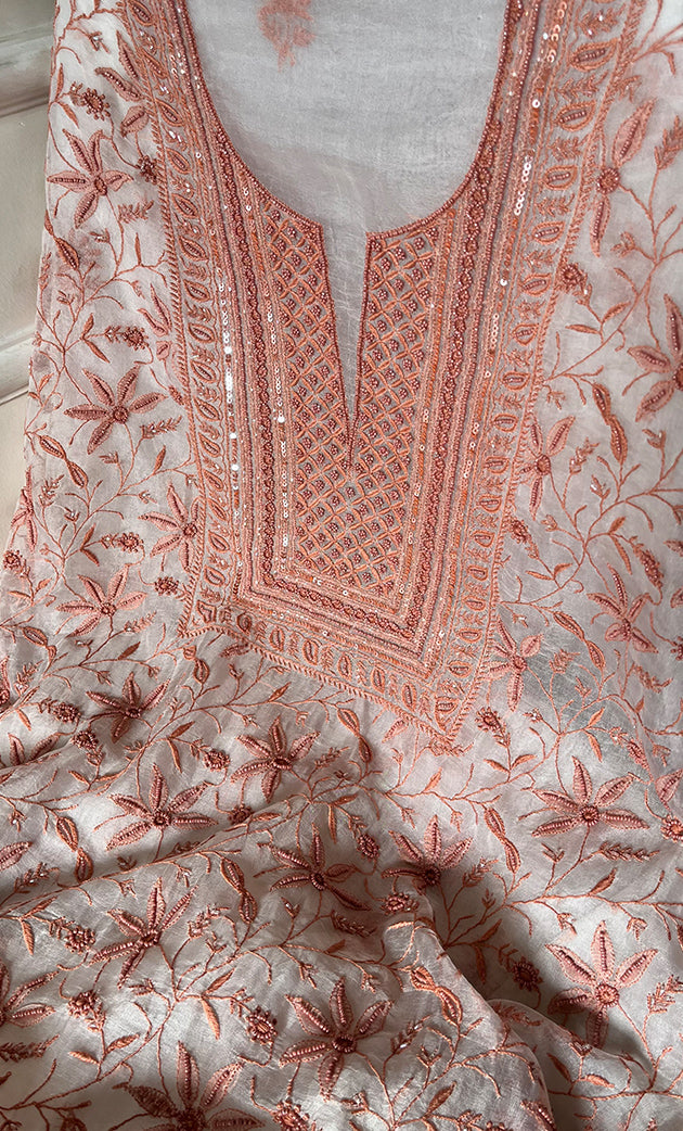 Women's Lakhnavi Handcrafted Pure Organza Chikankari Unstitched Kurta And Dupatta Set- HONC0271902