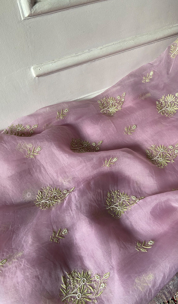 Women's Lakhnavi Handcrafted Pure Organza Chikankari Unstitched Kurta And Dupatta Set- HONC0348010