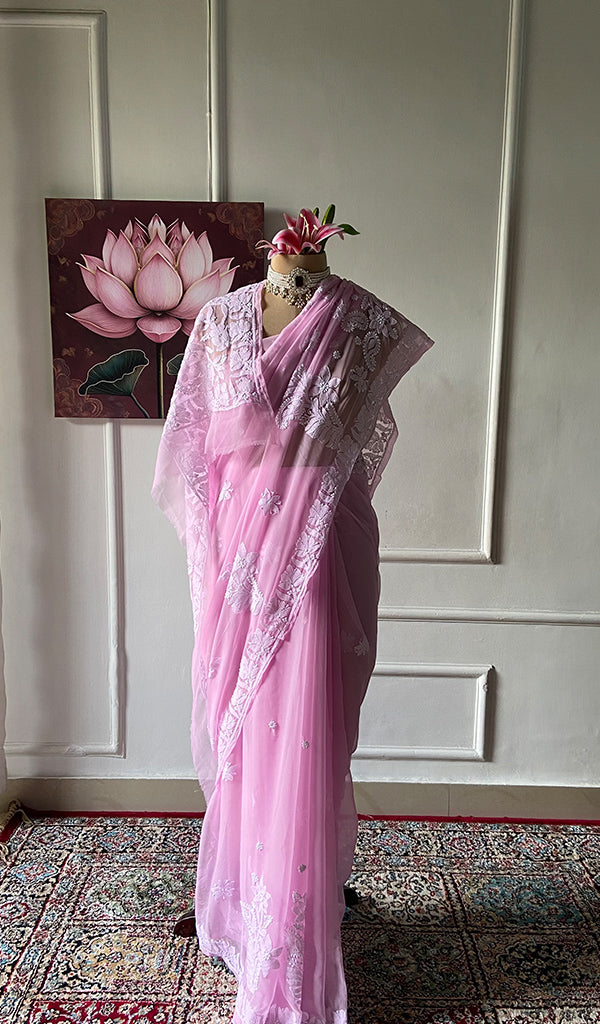 Women's Lucknowi Handcrafted Faux-Georgette Chikankari Saree - HONC0348735