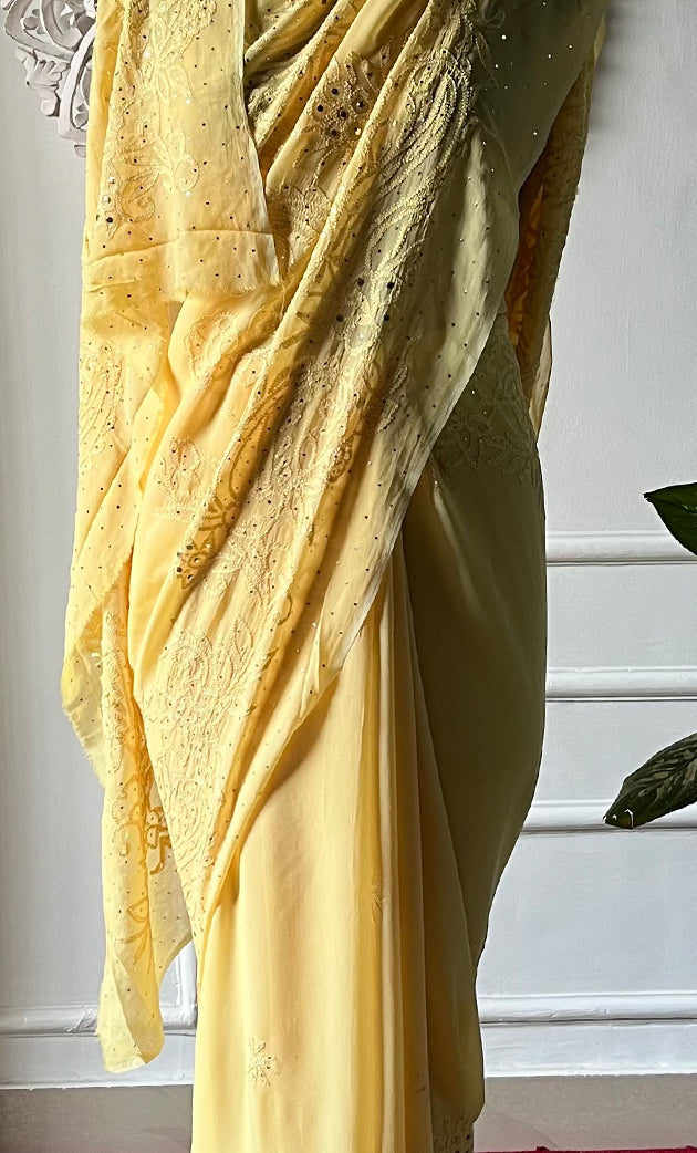 Women's Lakhnavi Handcrafted Viscose Georgette Chikankari Saree - HONC0317908
