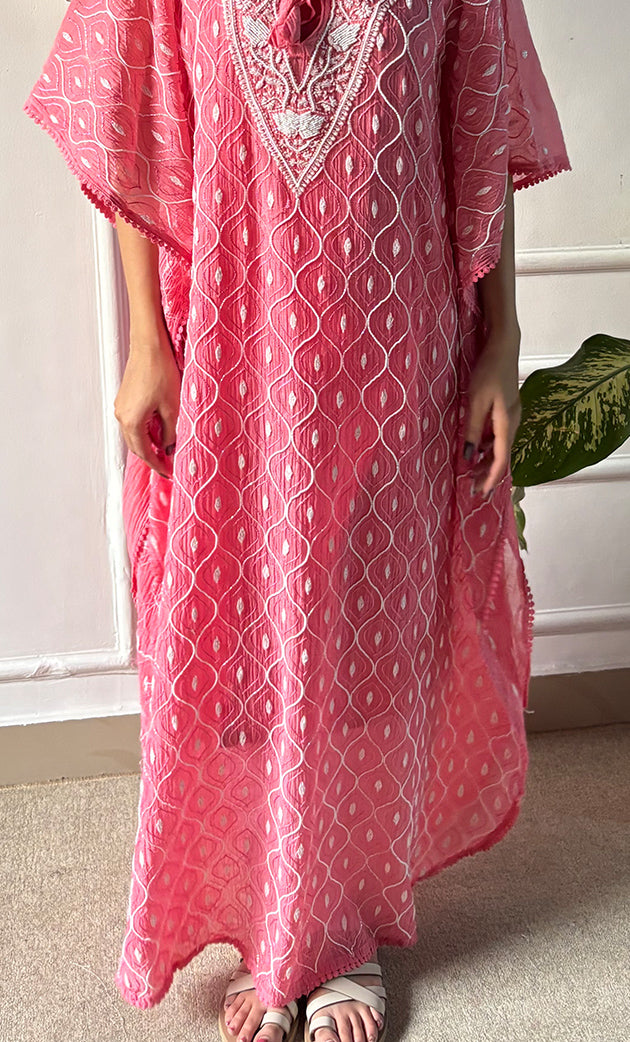 Rabia Women's Lucknowi Handcrafted Mul chanderi Chikankari Kaftan - HONC0313260