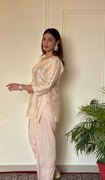 Anika Women's Lucknowi Handcrafted Chanderi Silk Chikankari Top with Farshi Salwar Set .