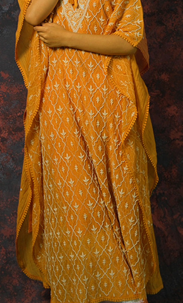 Rabia Women's Lucknowi Handcrafted Mul chanderi Chikankari Kaftan - HONC0312013