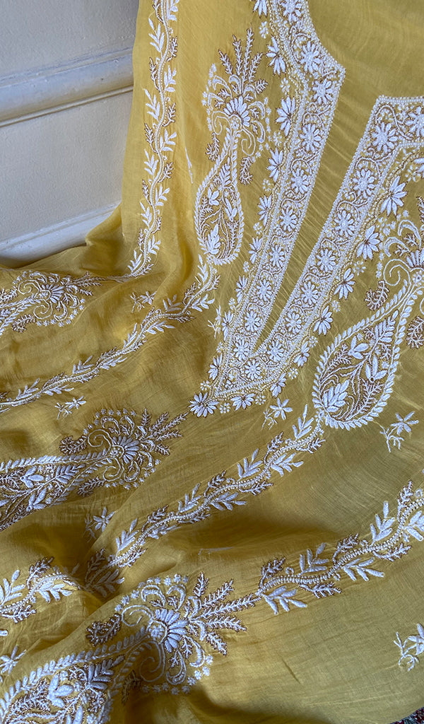 Women's Lakhnavi Handcrafted Mul Chanderi Unstitched Kurta And Dupatta Set - HONC0365692