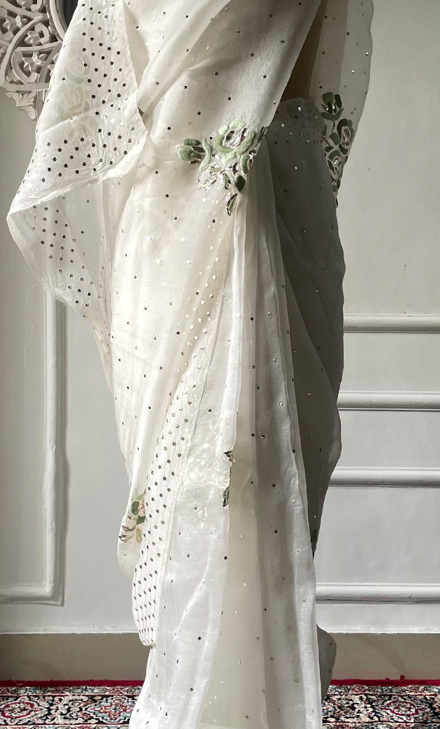 Women's Lucknowi Handcrafted Pure Organza Silk Chikankari Saree - HONC0329245