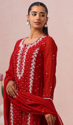 Load image into Gallery viewer, Saziya Women's Lakhnavi Handcrafted Mul Chanderi Chikankari Stitched Kurta, Dupatta And Pant Set - HONC0854621
