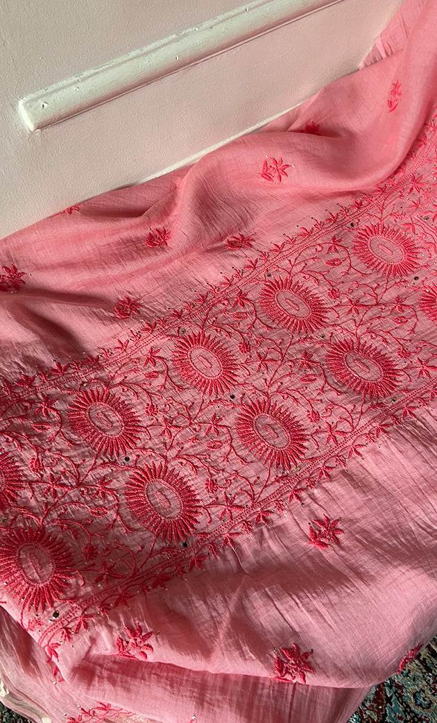 Women's Lakhnavi Handcrafted Mul Chanderi Unstitched Chikankari Full Suit Material - HONC0324503