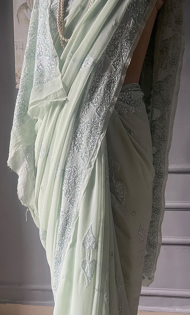 Women's Lakhnavi Handcrafted Pure Silk Georgette Chikankari - HONC0284208