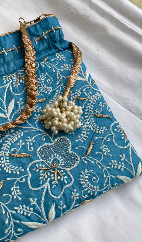 Green Chikankari Embroidered Potli Bag with Golden Bead Tassels - HONC0316098