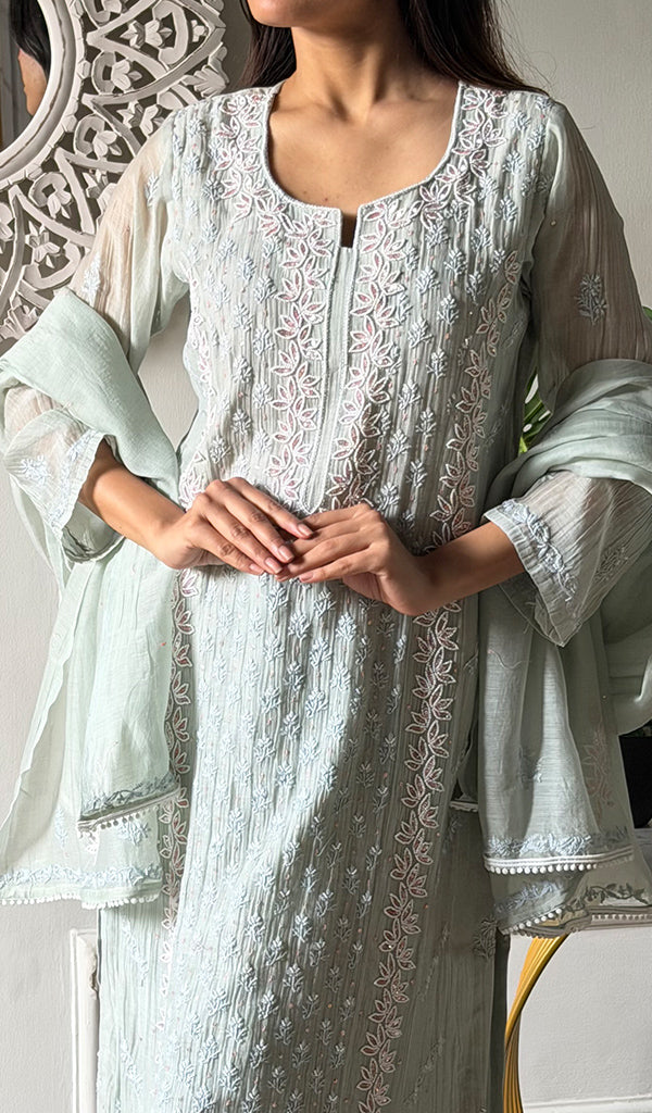 Saziya Women's Lakhnavi Handcrafted Mul Chanderi Chikankari Stitched Kurta, Dupatta And Pant Set - HONC0324263