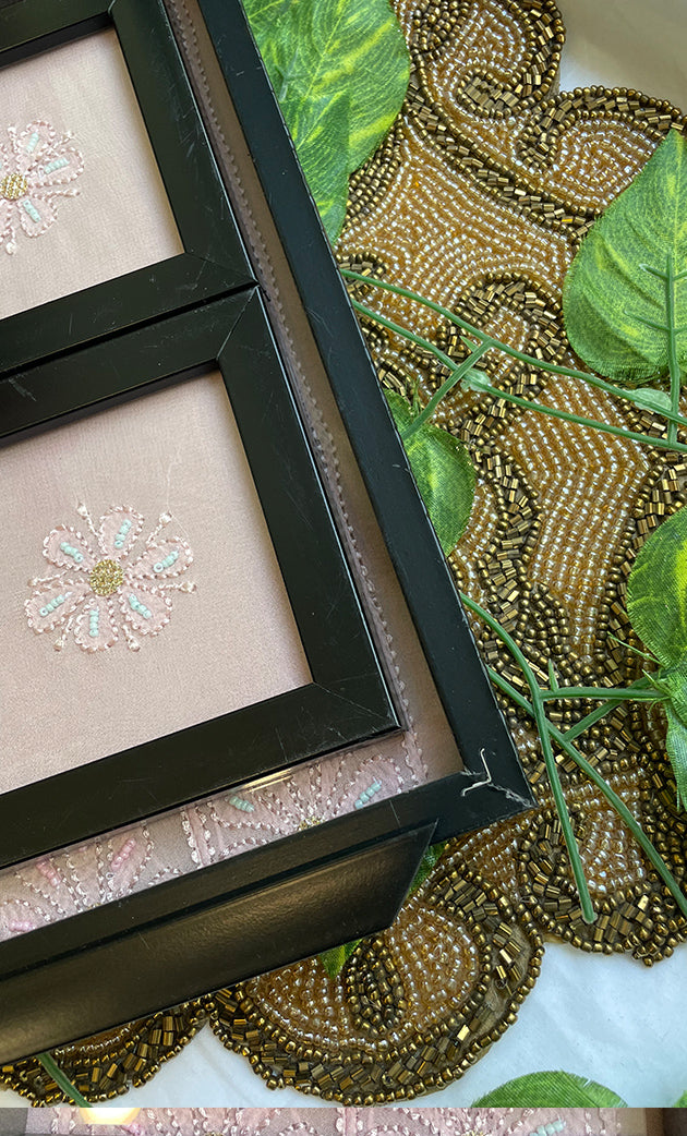 Handcrafted Chikankari Tray with Two Coasters – Wooden Frame - HONC0254752