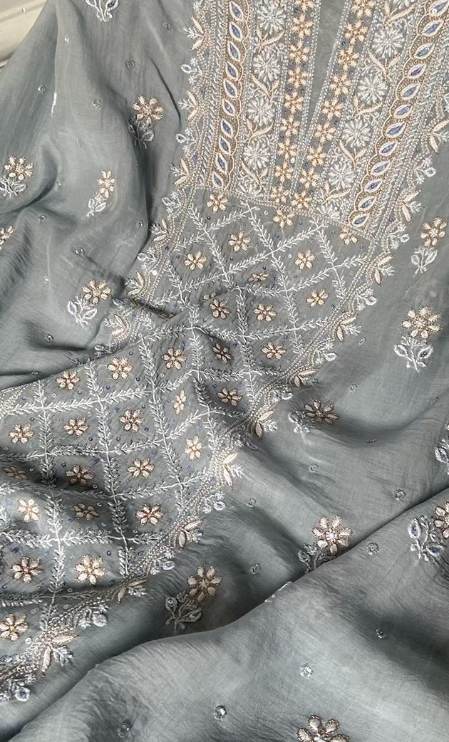 Women's Lakhnavi Handcrafted Mul Chanderi UnStitched Kurta And Dupatta Set - HONC0318519
