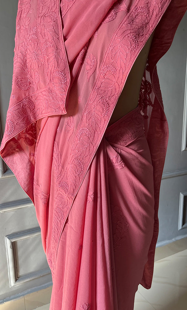 Women's Lakhnavi Handcrafted Viscose Georgette Chikankari Saree - HONC0301793