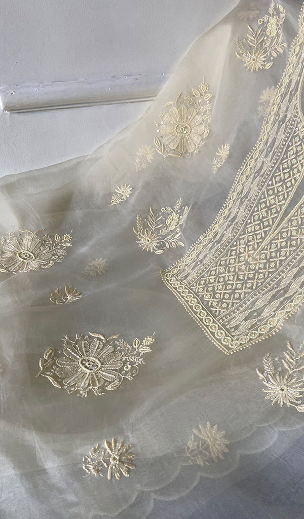 Women's Lakhnavi Handcrafted Pure Organza Chikankari Unstitched Kurta And Dupatta Set- HONC0333533