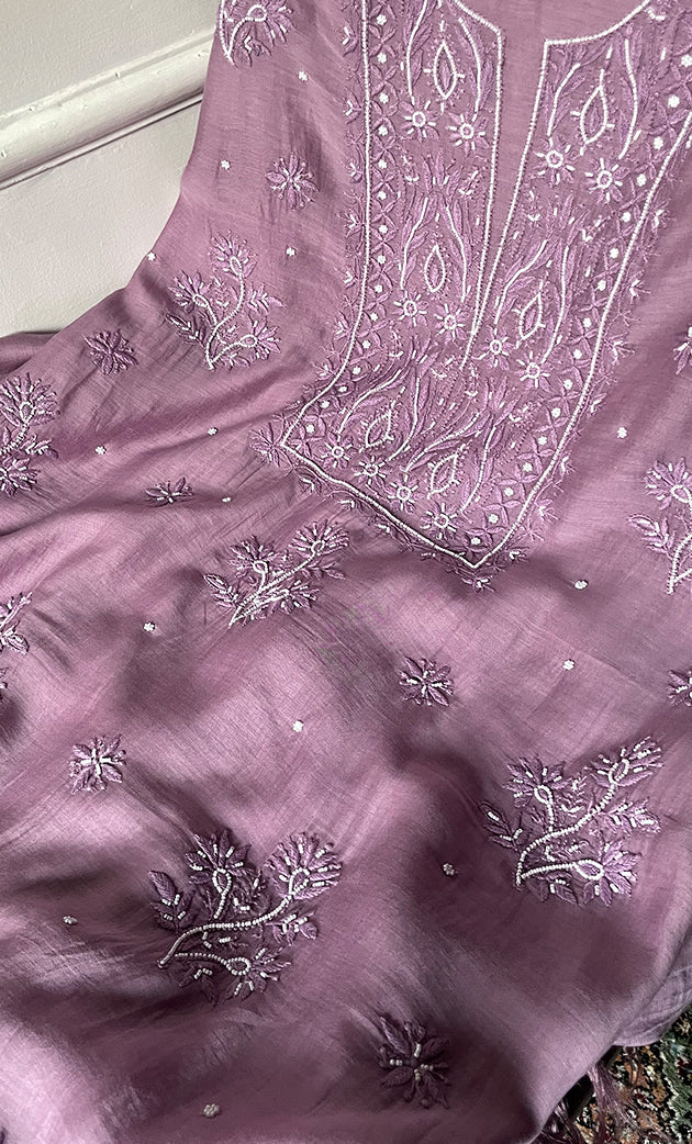 Women's Lakhnavi Handcrafted Mul Chanderi Unstitched Chikankari Full Suit Material - HONC